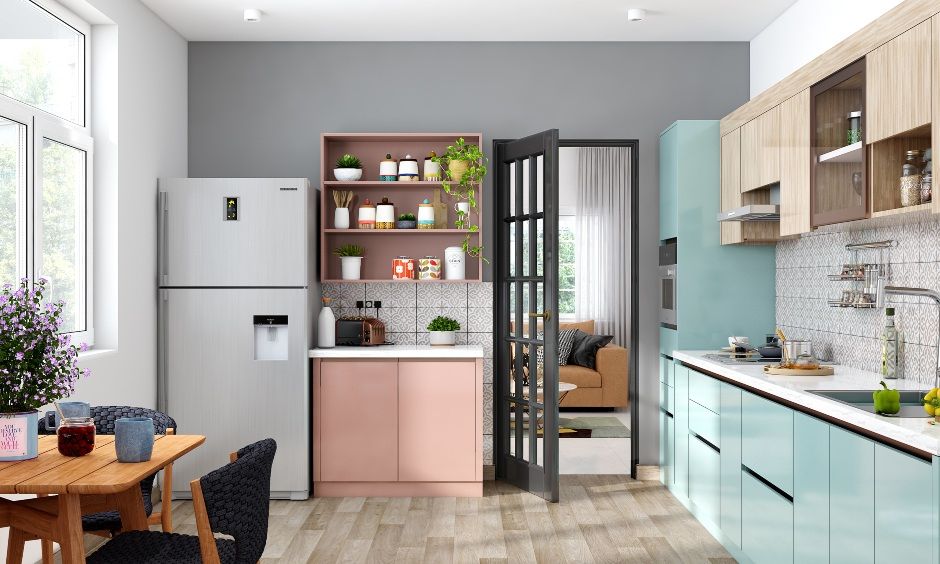 A Blue Modular Kitchen With A Tiled Backsplash