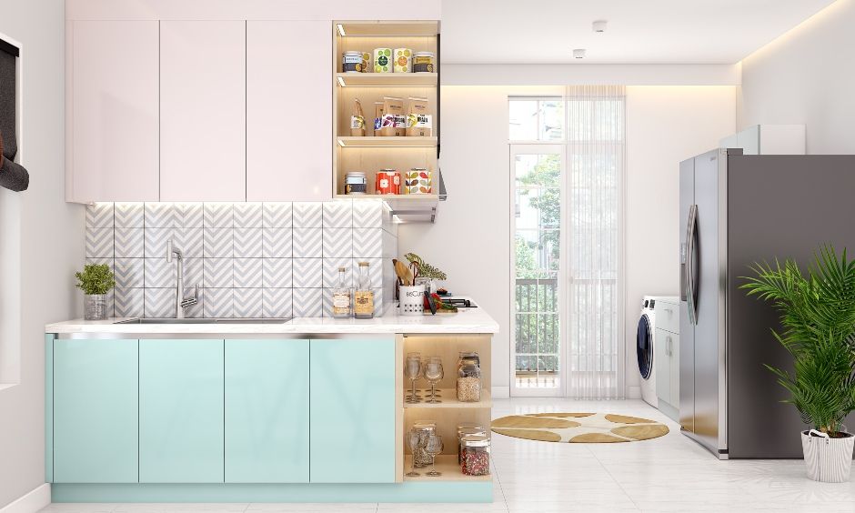 A Soothing Blue Kitchen In An Inverted L-Shape (1)