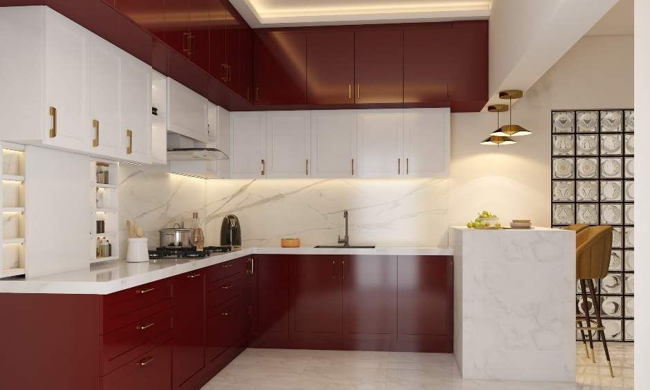 A Spacious Red Kitchen With A Breakfast Counter (1)