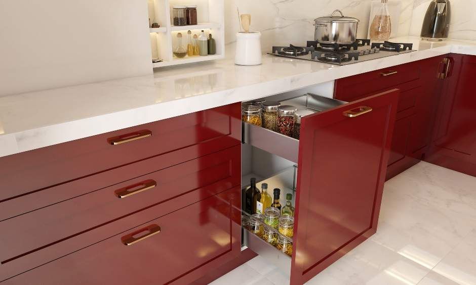 A Spacious Red Kitchen With A Breakfast Counter (2)