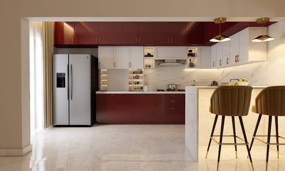 A Spacious Red Kitchen With A Breakfast Counter (3)