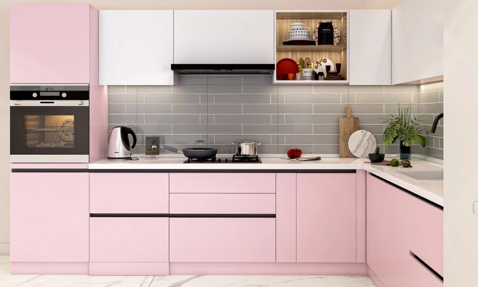 Blush Pink Modular Kitchen With Sleek Overheads (1)