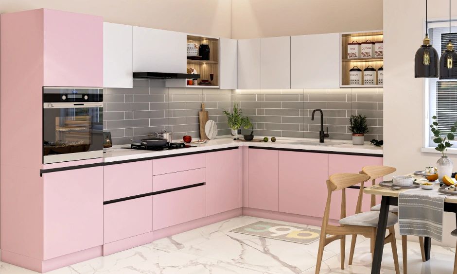 Blush Pink Modular Kitchen With Sleek Overheads (2)