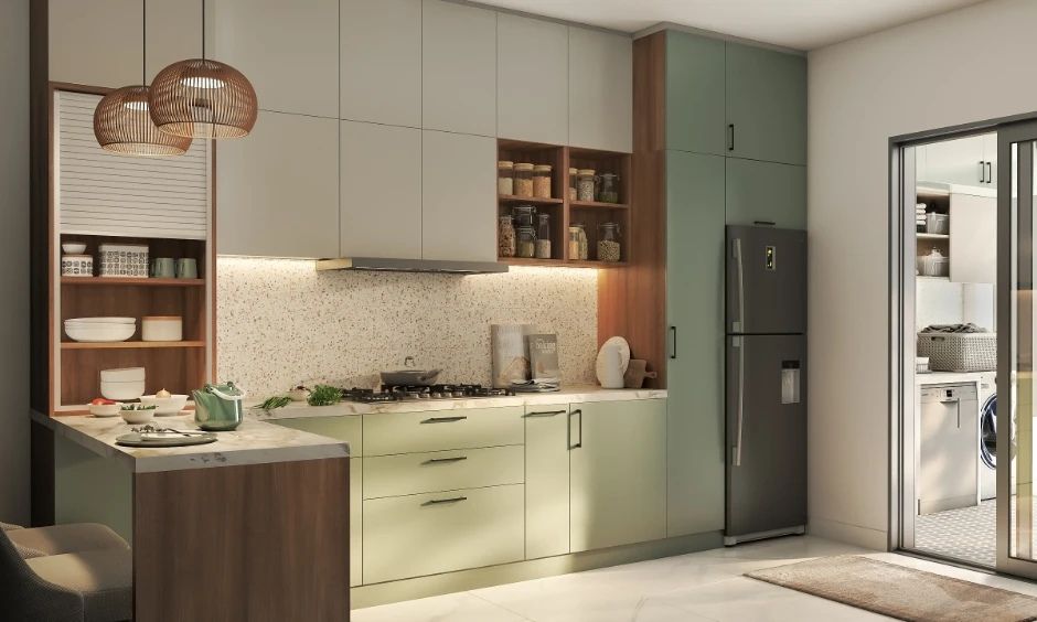 Earthy Modular Kitchen With Open Storage & Tall