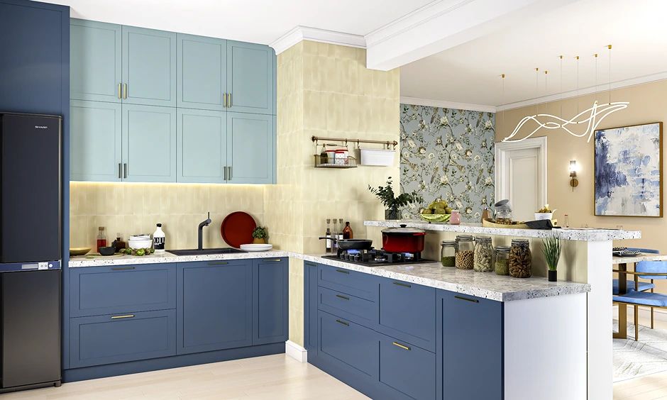 Modern Blue Kitchen With Pastel Overheads And Brass
