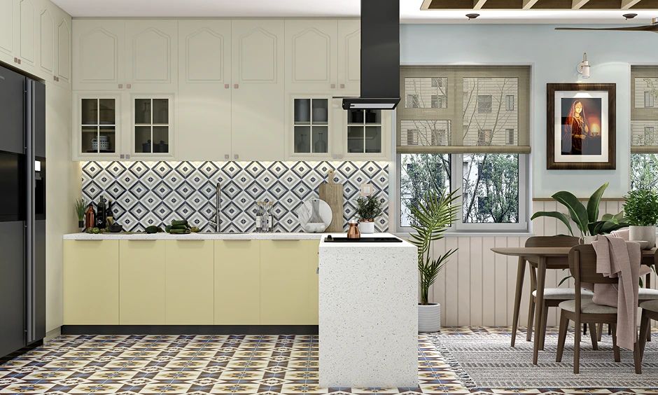 Pale Yellow Kitchen Design With Ornate Pattern Tiles