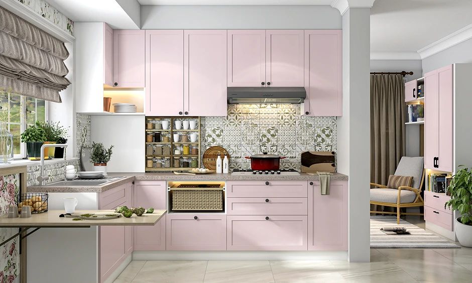 Soft Pink Shaker-Style Kitchen With Floral Accents